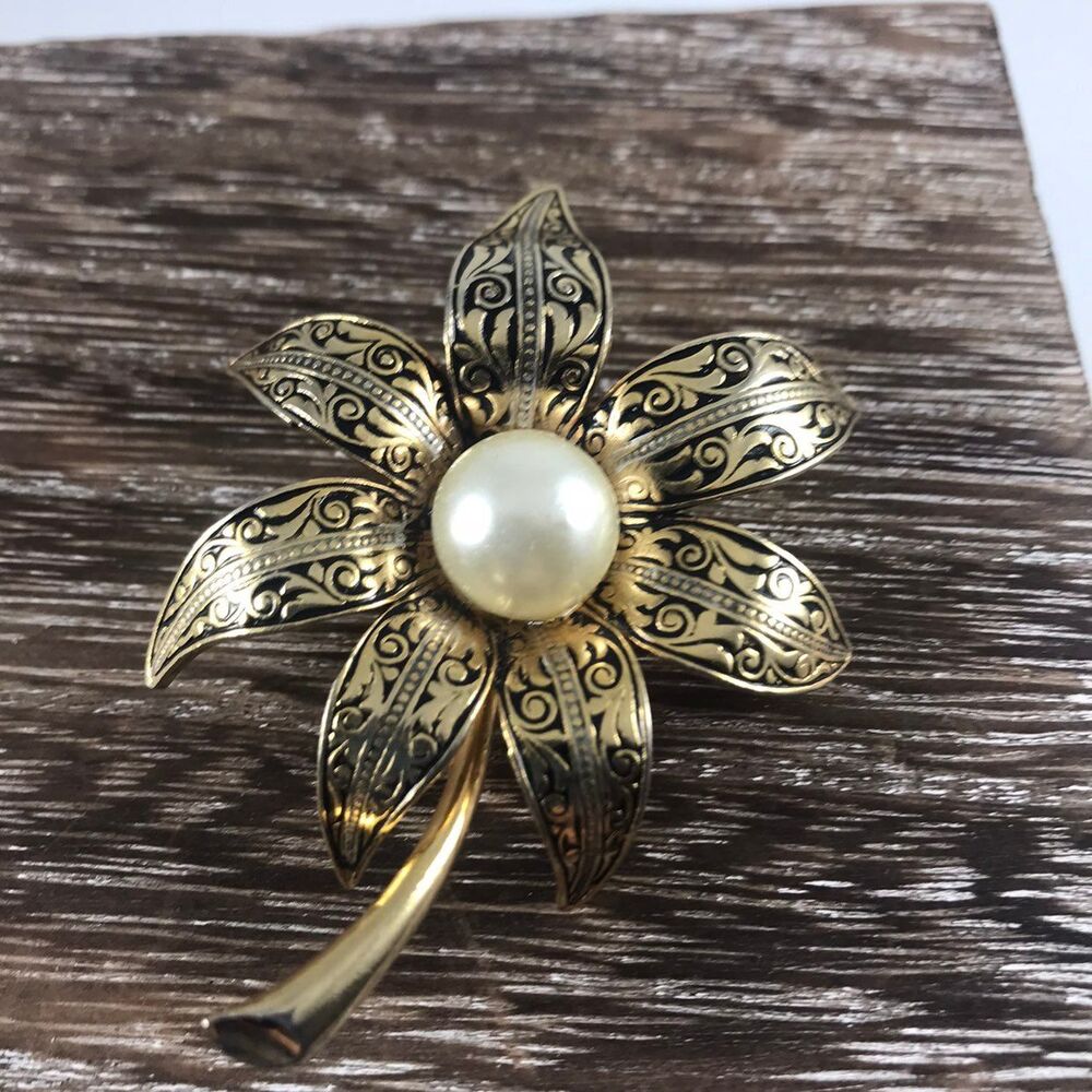 Damascene and Faux Pearl Brooch